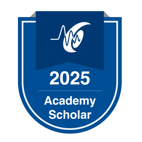 2025 Academy Scholar badge featuring a blue shield design with a sound wave graphic, symbolizing excellence in hearing healthcare.