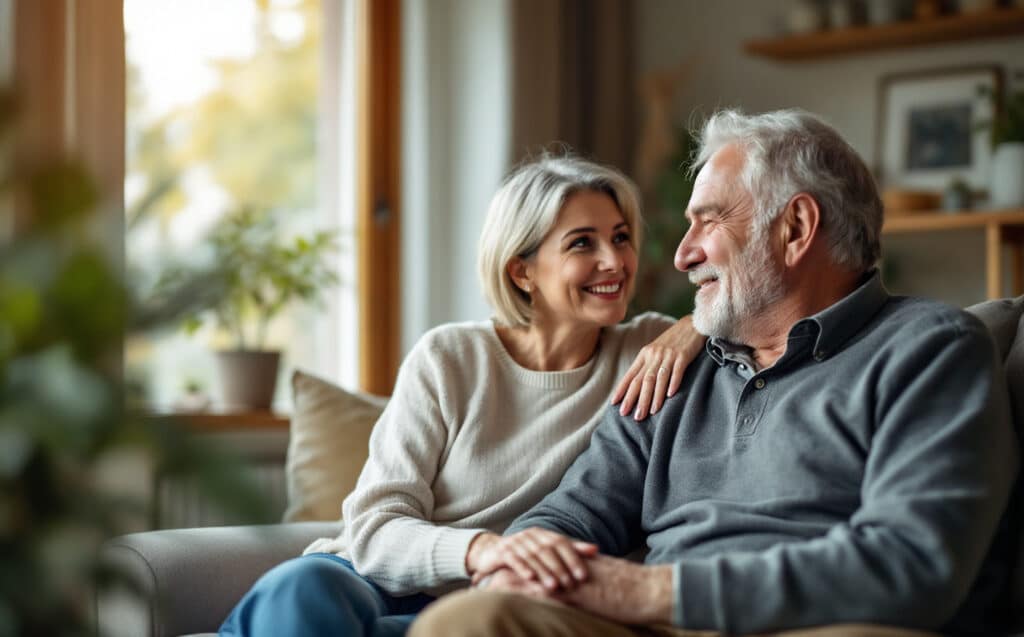 Adult daughter having a warm, supportive conversation with her father about his hearing loss